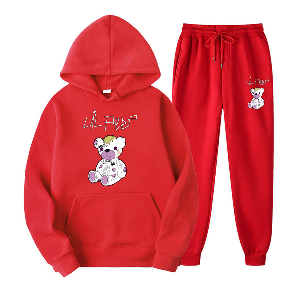 Men's Bear Print Fleece Hooded Sweatshirt Set