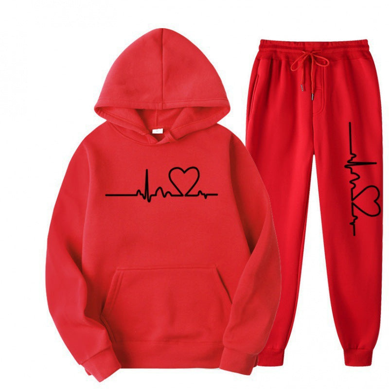 Heart Print Long Sleeve Pullover Hoodie Sweatshirt and Pants Two-Piece Set