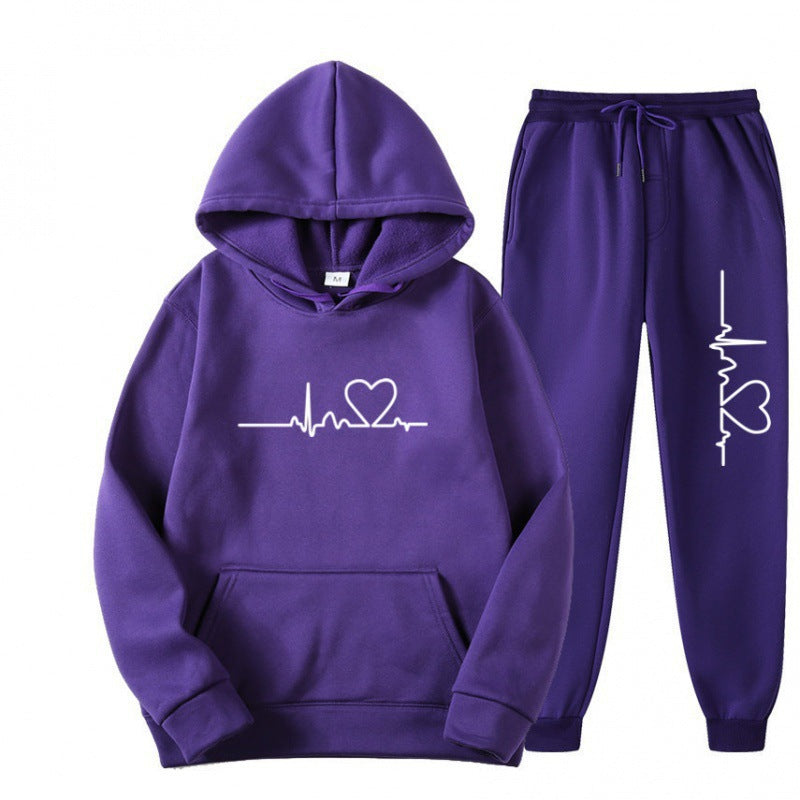 Heart Print Long Sleeve Pullover Hoodie Sweatshirt and Pants Two-Piece Set