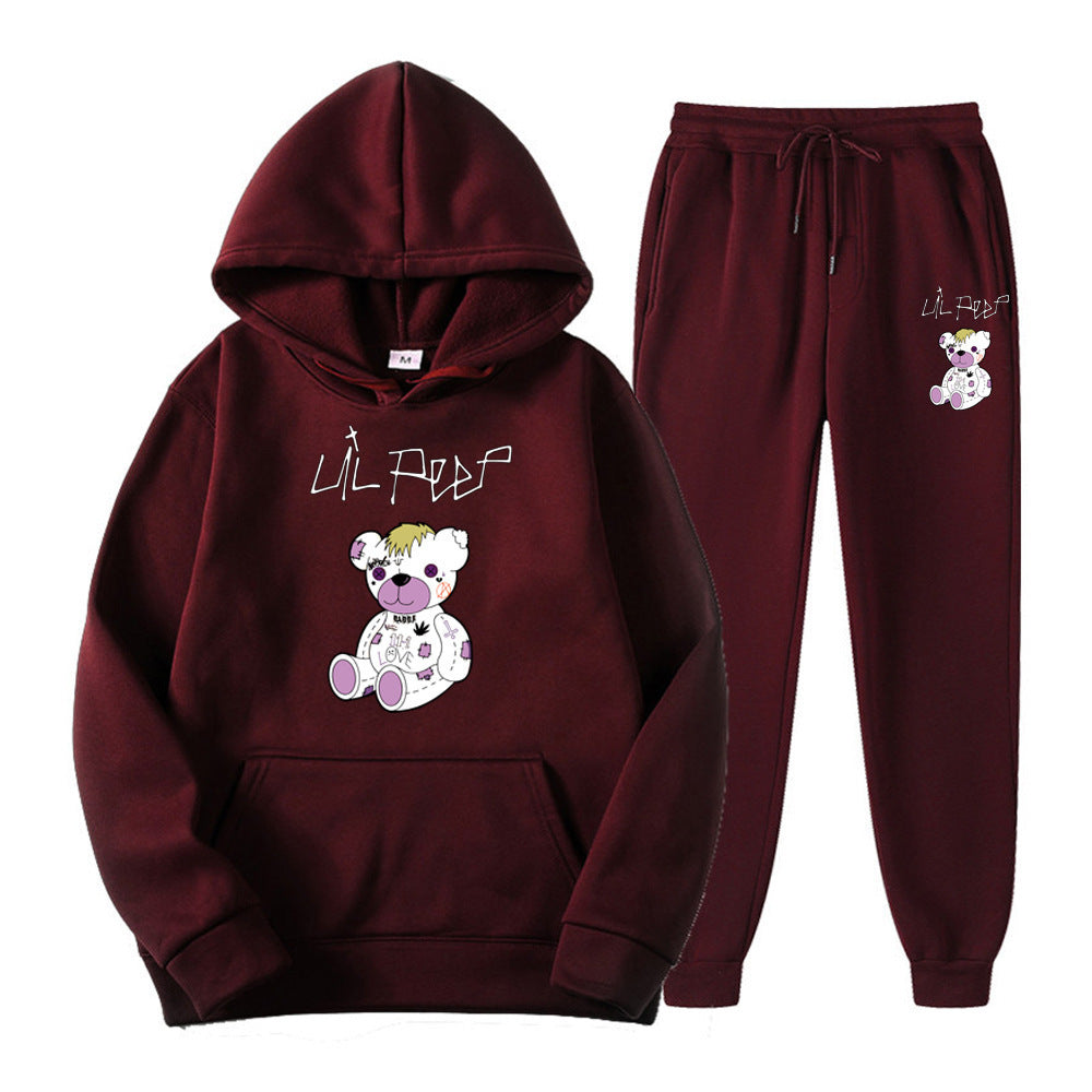 Men's Bear Print Fleece Hooded Sweatshirt Set