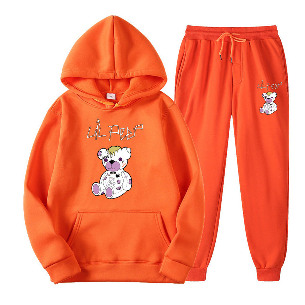 Men's Bear Print Fleece Hooded Sweatshirt Set