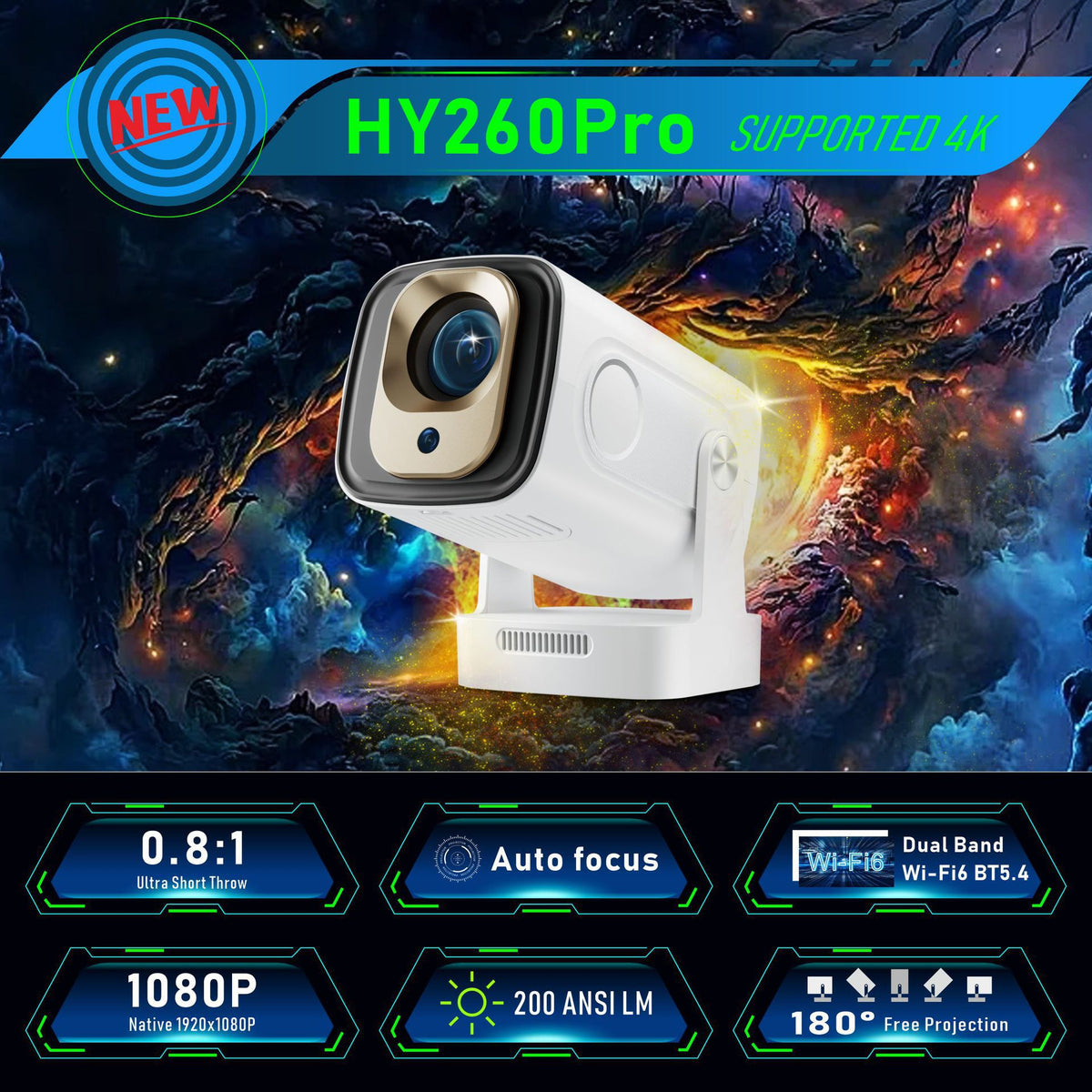 Hy260Pro Projector H713 Android 11 Smart HD 4K Auto Focus Barrel Projector
