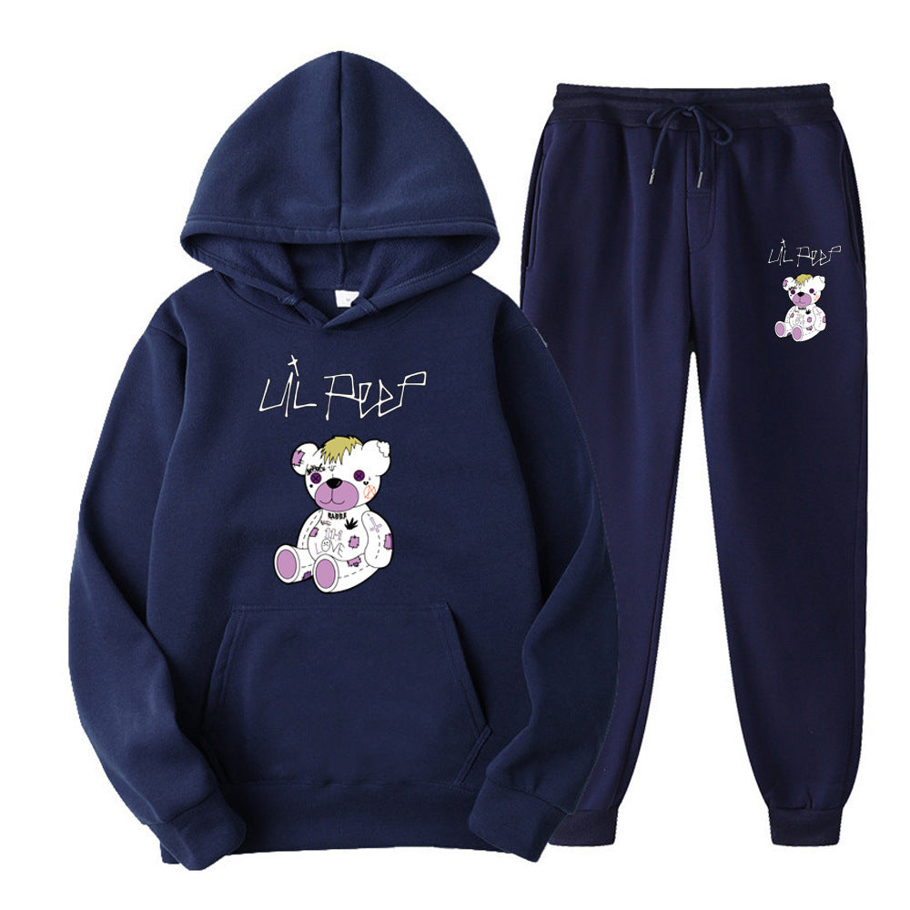 Men's Bear Print Fleece Hooded Sweatshirt Set