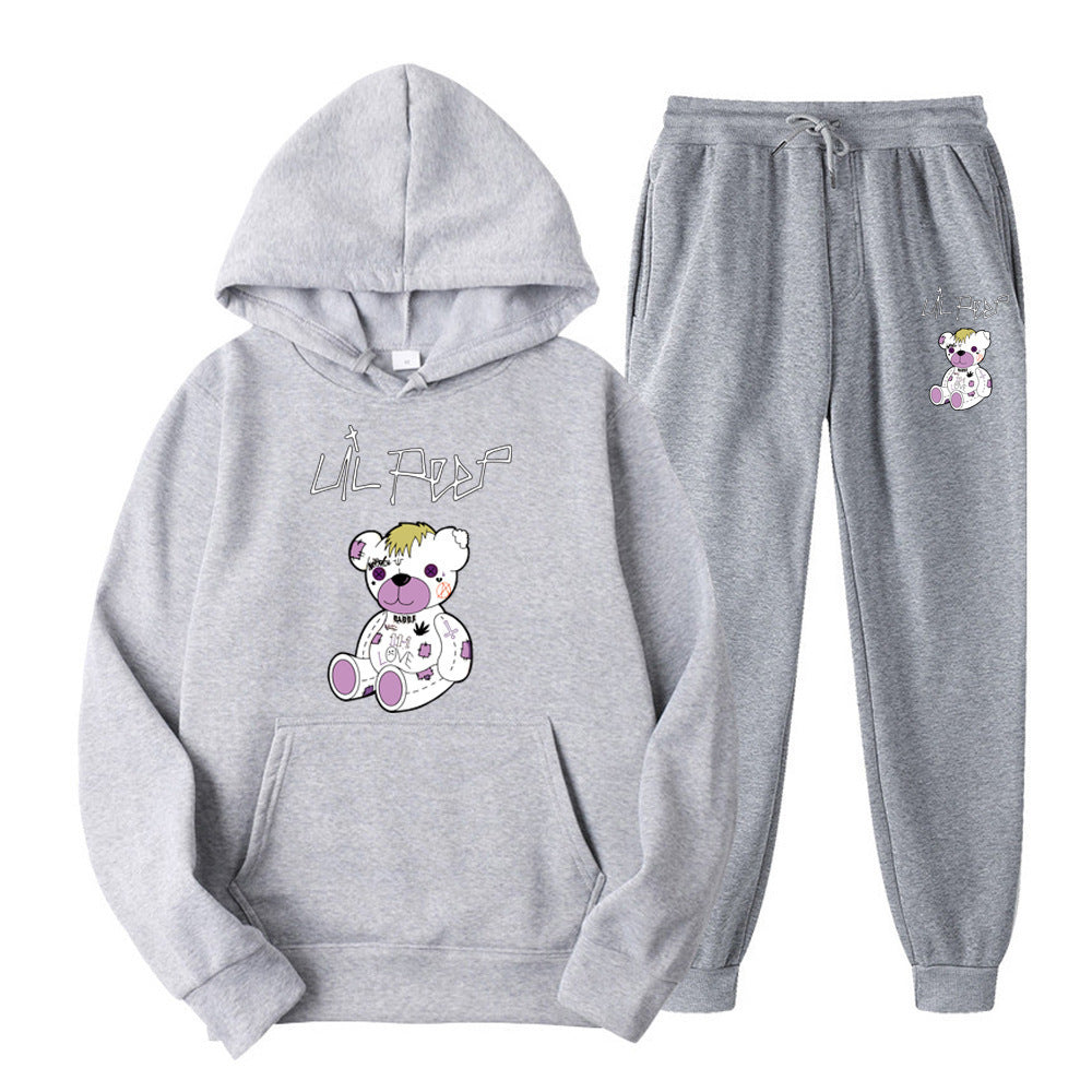Men's Bear Print Fleece Hooded Sweatshirt Set