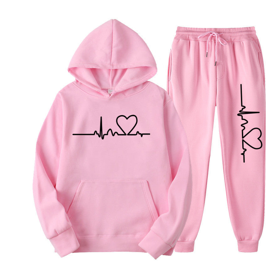 Heart Print Long Sleeve Pullover Hoodie Sweatshirt and Pants Two-Piece Set