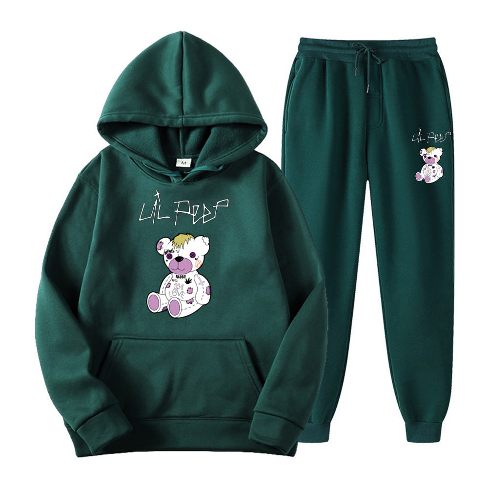 Men's Bear Print Fleece Hooded Sweatshirt Set