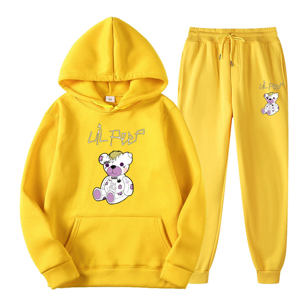 Men's Bear Print Fleece Hooded Sweatshirt Set