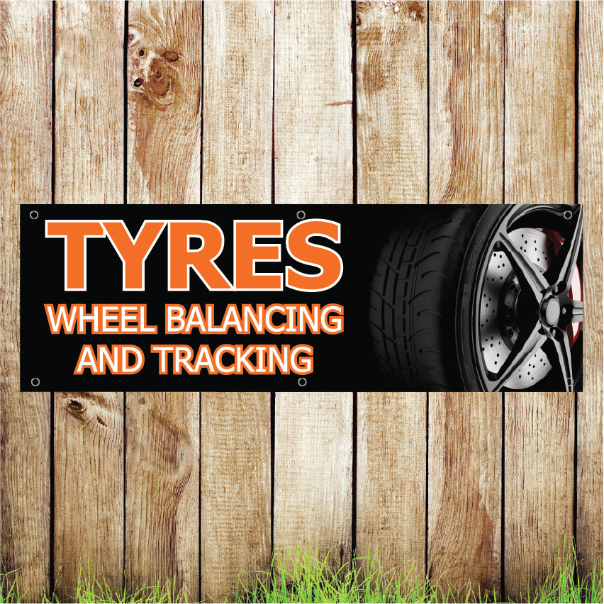 BAN015 Tyres Wheel Balancing and Tracking Advertising PVC Banner Indoor/Outdoor Waterproof with Eyelets 5 Sizes Available