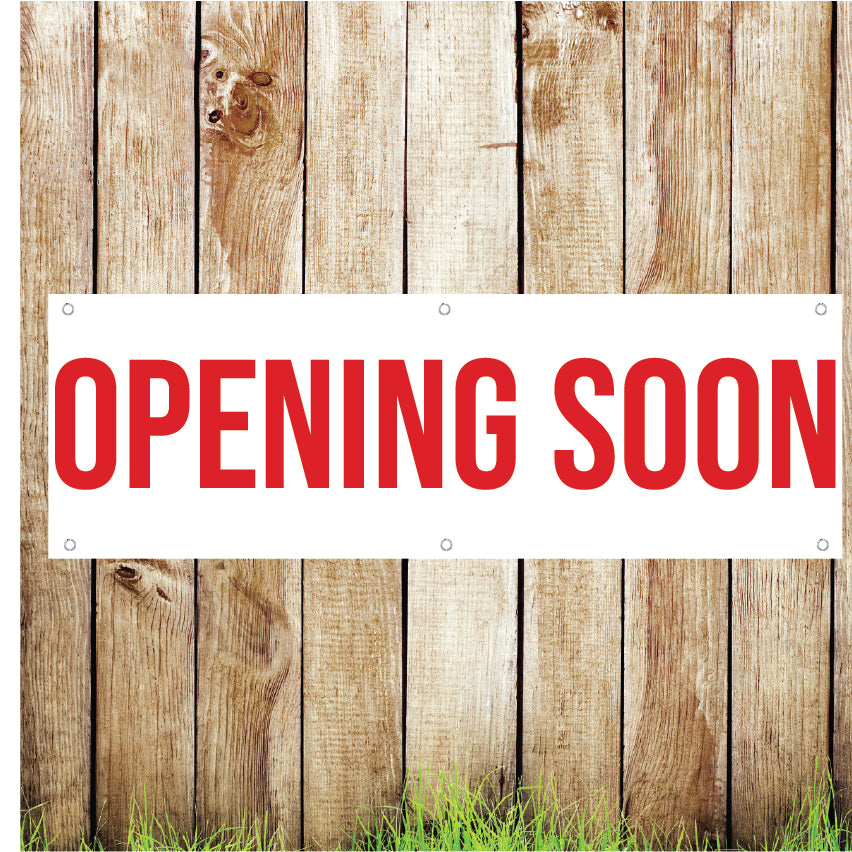 BAN022 Opening Soon Advertising PVC Banner Indoor/Outdoor Waterproof with Eyelets 5 Sizes Available