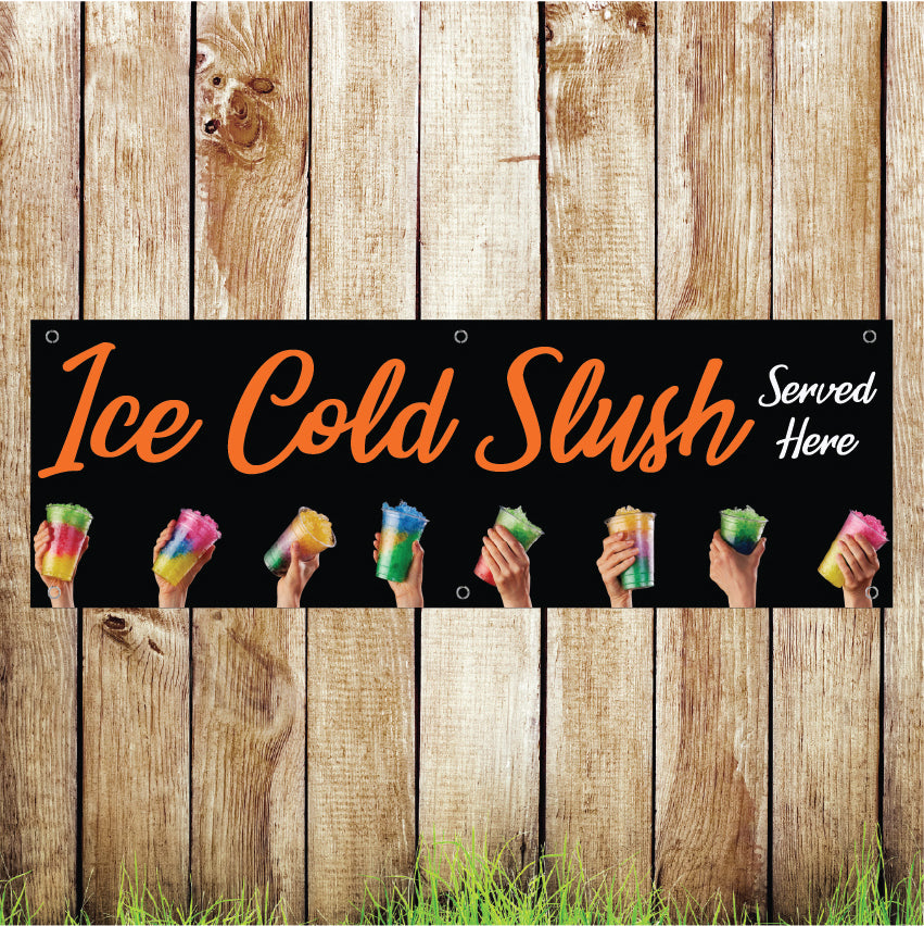 BAN029 Ice Cold Slushies Server Here Advertising PVC Banner Indoor/Outdoor Waterproof with Eyelets 5 Sizes Available