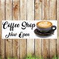 BAN030 Coffee Shop Now Open Advertising PVC Banner Indoor/Outdoor Waterproof with Eyelets 5 Sizes Available