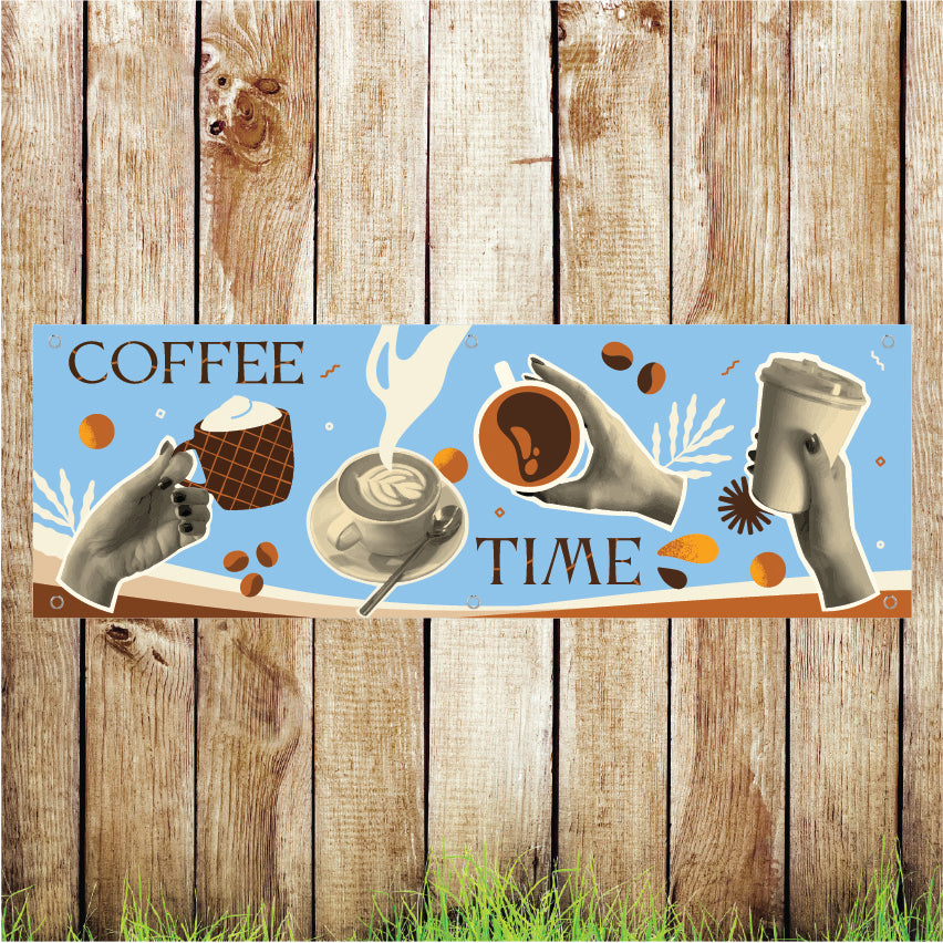 BAN033 Coffee Time Advertising PVC Banner Indoor/Outdoor Waterproof with Eyelets 5 Sizes Available