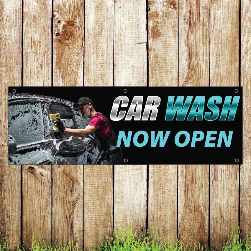 BAN037 Car Wash Now Open Advertising PVC Banner Indoor/Outdoor Waterproof with Eyelets 5 Sizes Available
