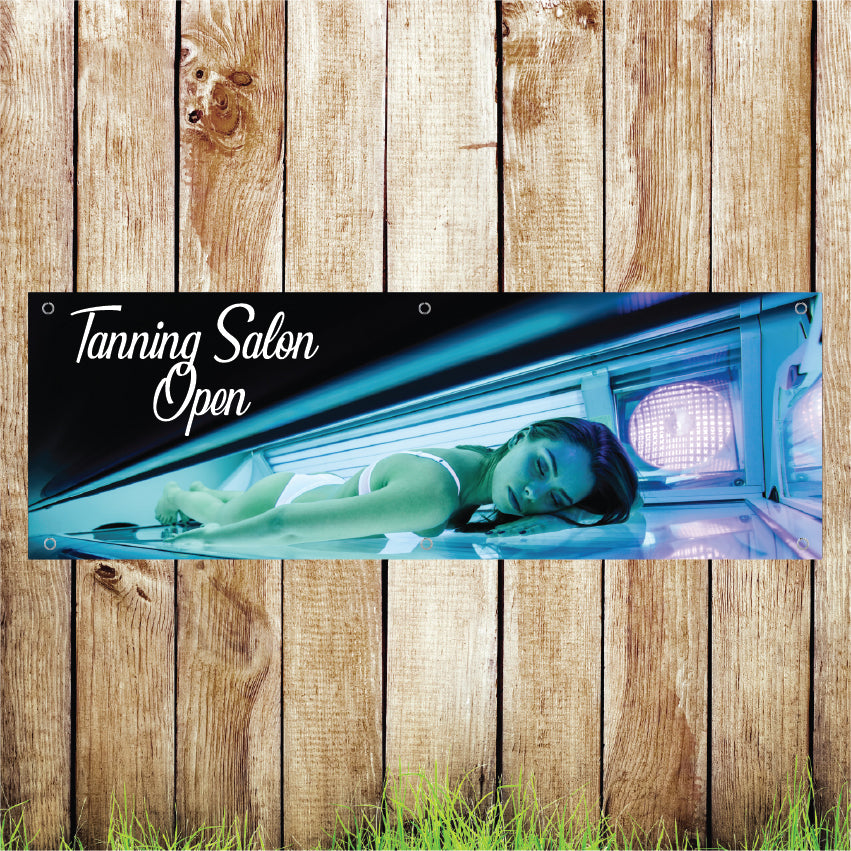 BAN056 Tanning Salon Open Advertising PVC Banner Indoor/Outdoor Waterproof with Eyelets 5 Sizes Available