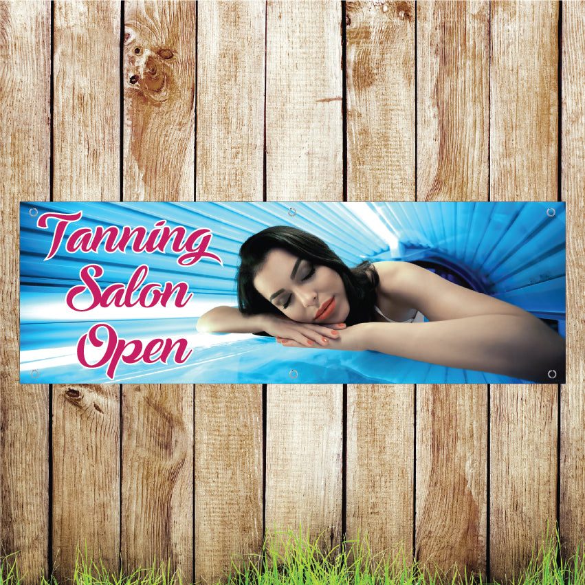 BAN057 Tanning Salon Open Advertising PVC Banner Indoor/Outdoor Waterproof with Eyelets 5 Sizes Available