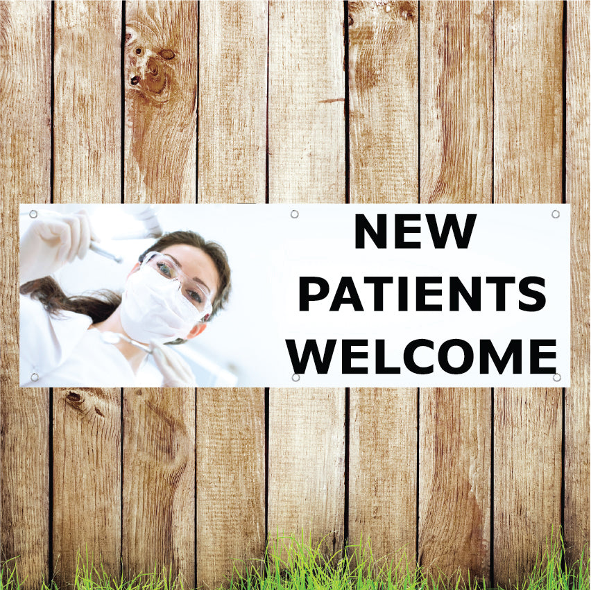 BAN064 New Patients Welcome Advertising PVC Banner Indoor/Outdoor Waterproof with Eyelets 5 Sizes Available