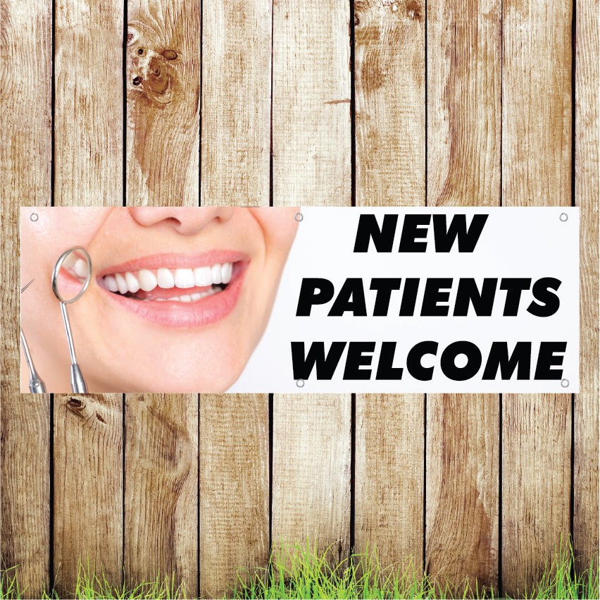 BAN065 New Patients Welcome Advertising PVC Banner Indoor/Outdoor Waterproof with Eyelets 5 Sizes Available