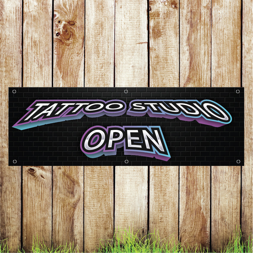 BAN075 Tattoo Studio Open Advertising PVC Banner Indoor/Outdoor Waterproof with Eyelets 5 Sizes Available