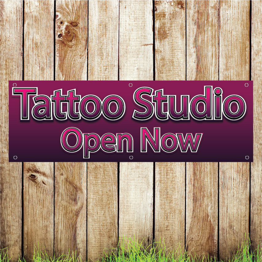 BAN076 Tattoo Studio Now Open Advertising PVC Banner Indoor/Outdoor Waterproof with Eyelets 5 Sizes Available