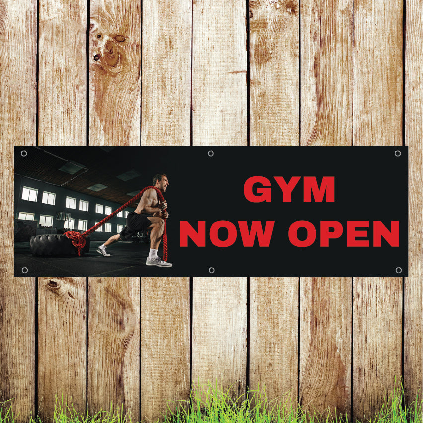 BAN084 Gym Now Open Advertising PVC Banner Indoor/Outdoor Waterproof with Eyelets 5 Sizes Available