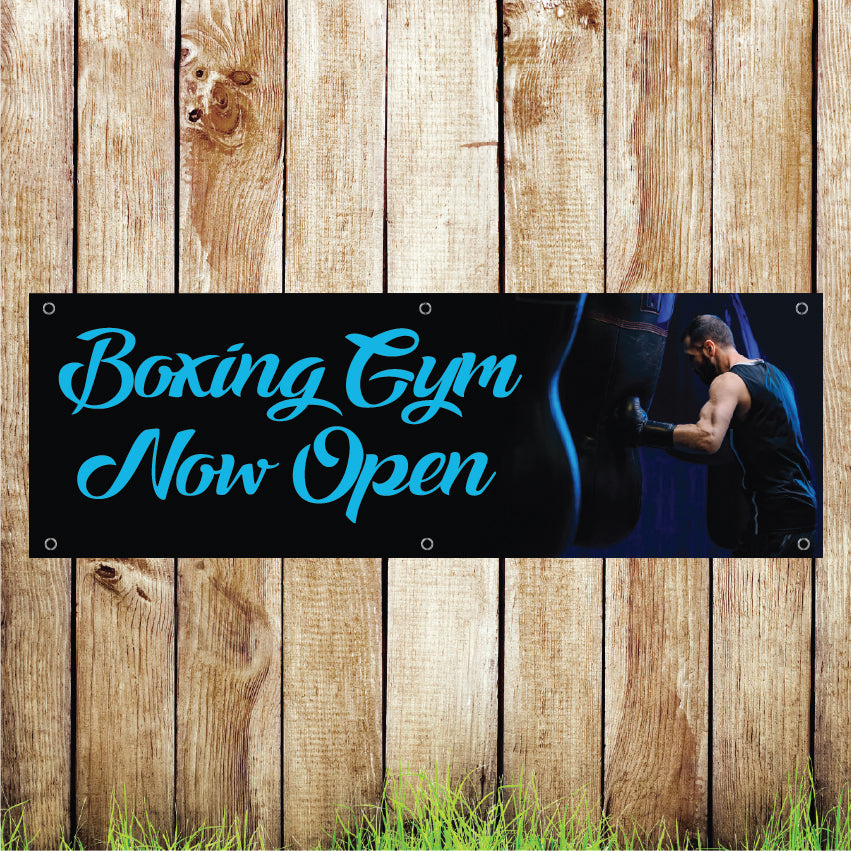 BAN086 Boxing Gym Now Open Advertising PVC Banner Indoor/Outdoor Waterproof with Eyelets 5 Sizes Available