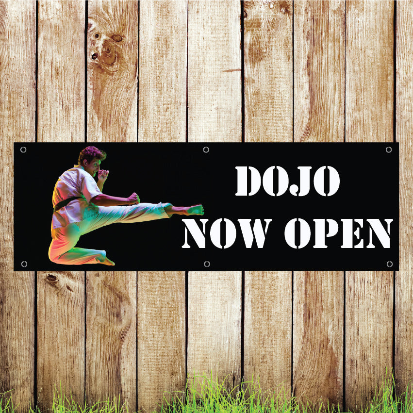 BAN088 Dojo Now Open Advertising Gym PVC Banner Indoor/Outdoor Waterproof with Eyelets 5 Sizes Available