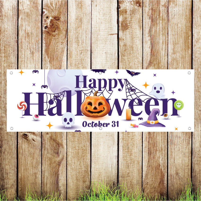 BAN112 Happy Halloween Advertising PVC Banner Indoor/Outdoor Waterproof with Eyelets 5 Sizes Available