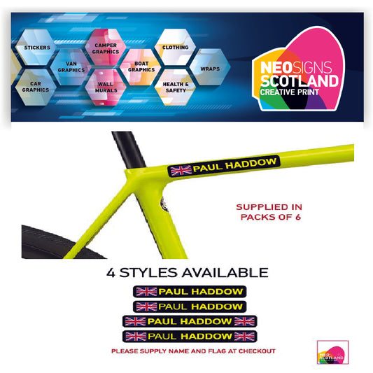 Bike Black And Yellow Personalised Bike Frame Name Stickers Cycle Cycling Frame Helmet Decals