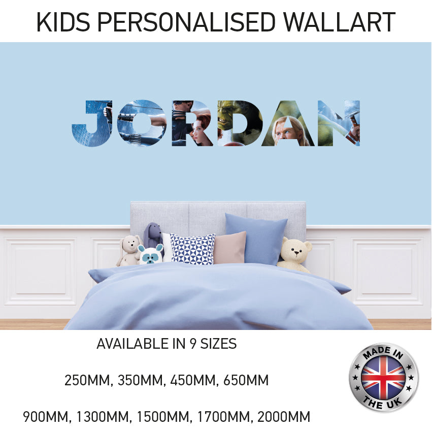 BPW01 Kids Personalised Name Super Hero Wall Sticker Decal Vinyl Decor (9 Sizes)