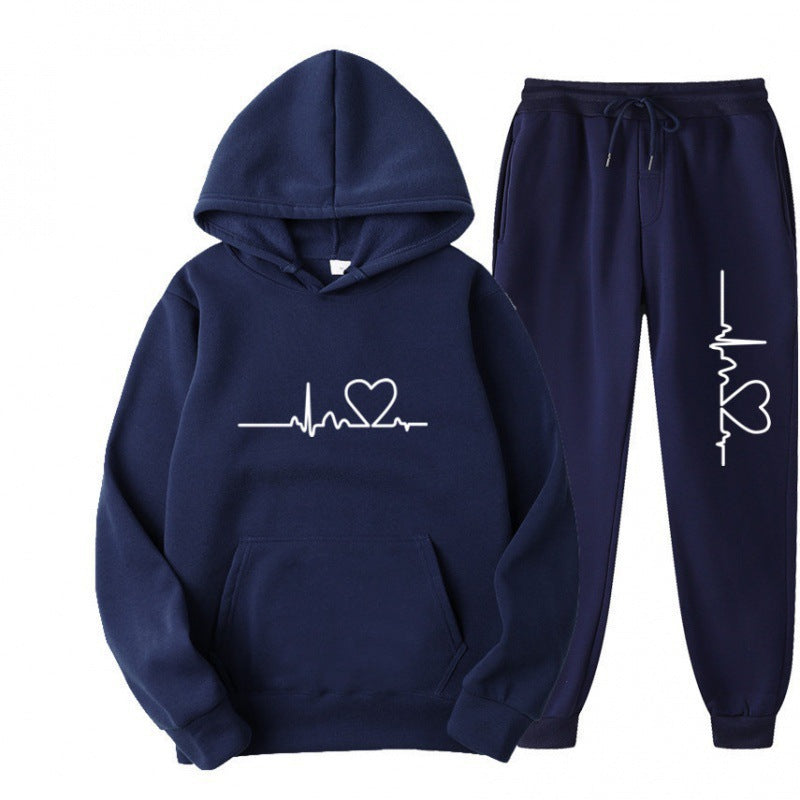 Heart Print Long Sleeve Pullover Hoodie Sweatshirt and Pants Two-Piece Set