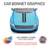 A promotional image featuring car bonnet stripes decals, indicating that they will fit most vehicles, with a size of 800x282mm. The image shows a blue car with the decals applied, along with a color chart and a British flag to indicate the product's origin.