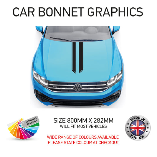 A promotional image featuring car bonnet stripes decals, indicating that they will fit most vehicles, with a size of 800x282mm. The image shows a blue car with the decals applied, along with a color chart and a British flag to indicate the product's origin.