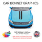 A promotional image featuring car bonnet stripes decals, indicating that they will fit most vehicles, with a size of 800x282mm. The image shows a blue car with the decals applied, along with a color chart and a British flag to indicate the product's origin.