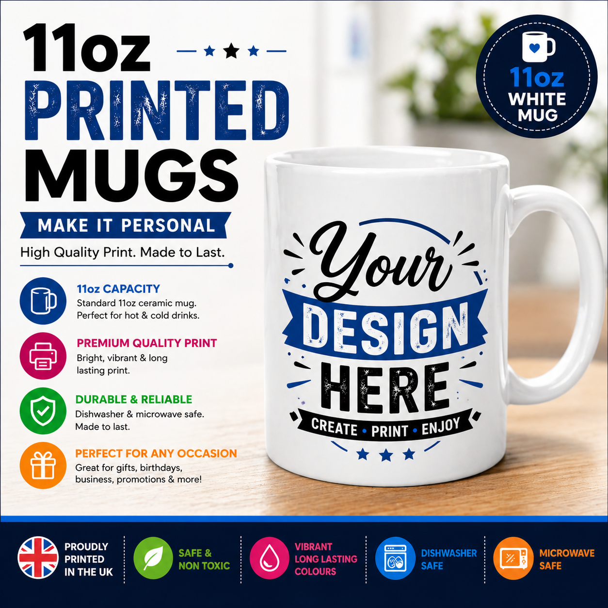 CPM03 Personalised 11oz Printed Mug – Custom Photo, Logo or Text Mug