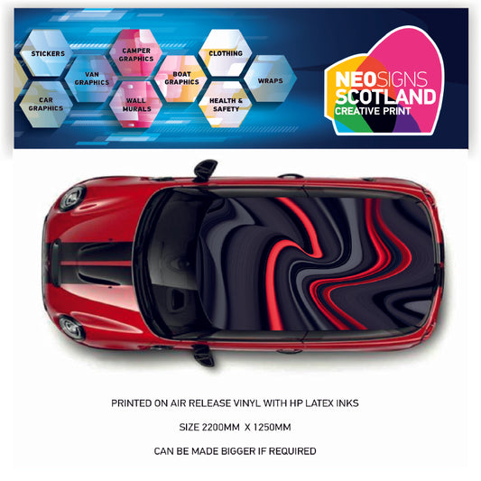 CRW05 Black and Red Wavey LInes Printed Roof wrap for Mini or any car universal