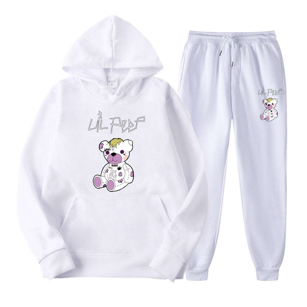 Men's Bear Print Fleece Hooded Sweatshirt Set