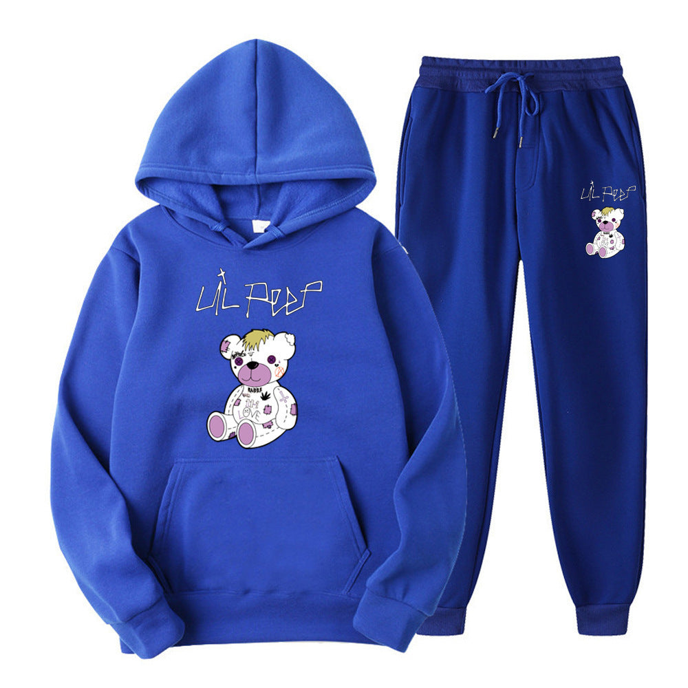 Men's Bear Print Fleece Hooded Sweatshirt Set