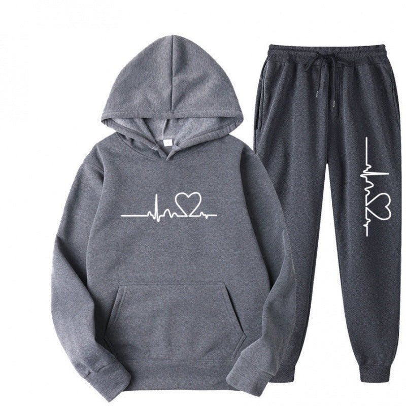 Heart Print Long Sleeve Pullover Hoodie Sweatshirt and Pants Two-Piece Set