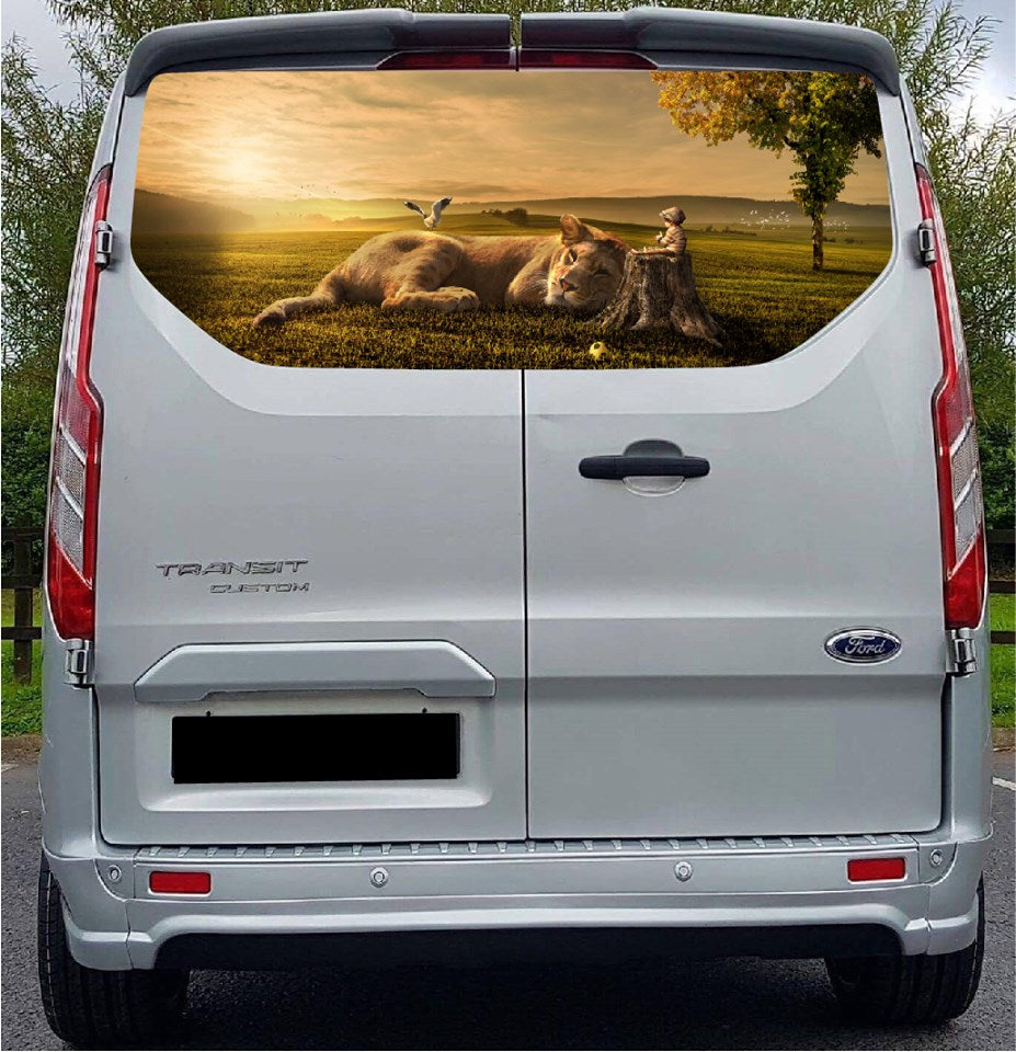 FORDT007 Sleeping Lion Tailgate wrap for Ford Transit Custom Rear Panel Wrap Air Release Vinyl