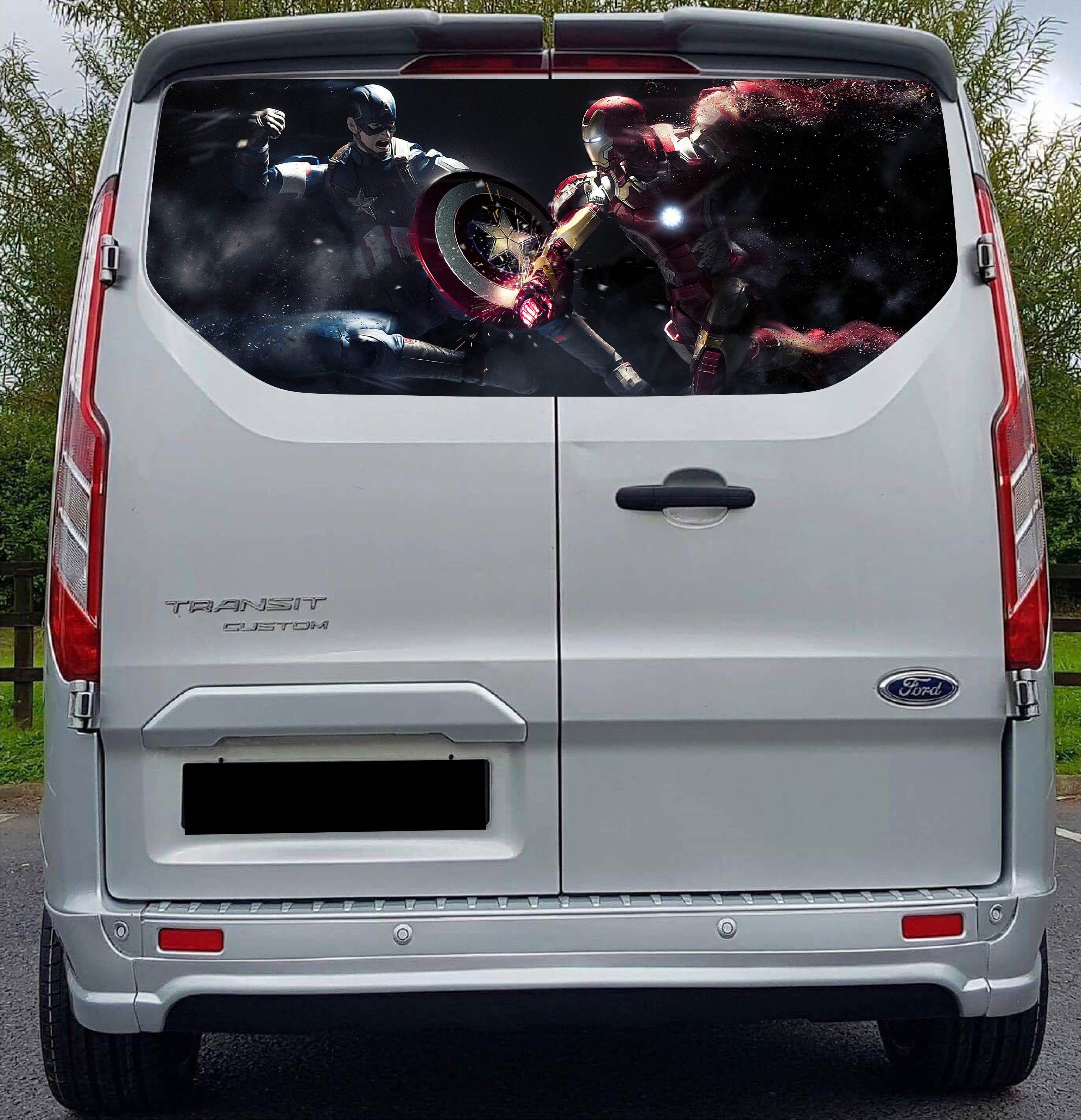FORDT009 Ironman and Captain America Tailgate wrap for Ford Transit Custom Rear Panel Wrap Air Release Vinyl