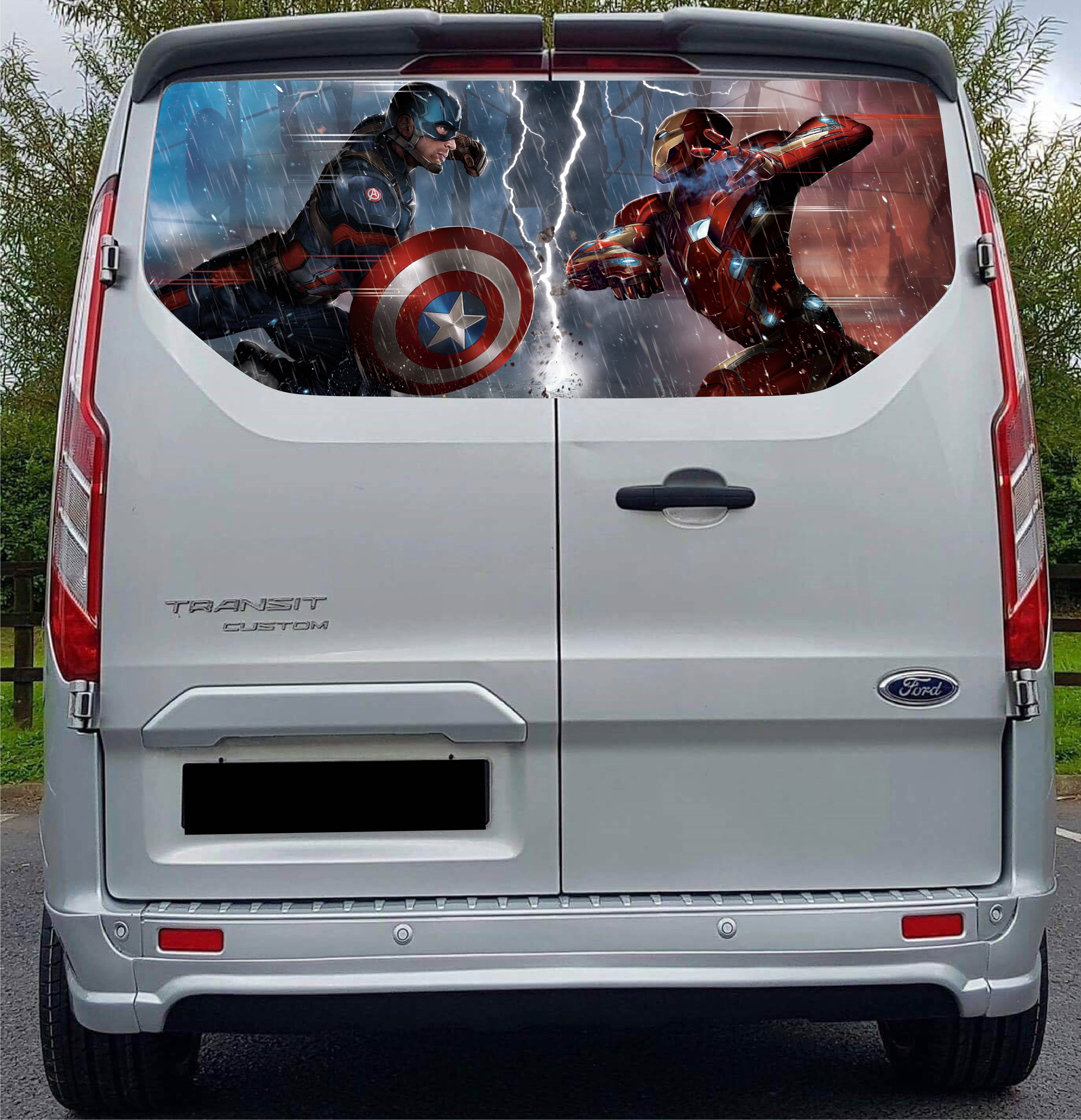 FORDT010 Captain America and Ironman Tailgate wrap for Ford Transit Custom Rear Panel Wrap Air Release Vinyl