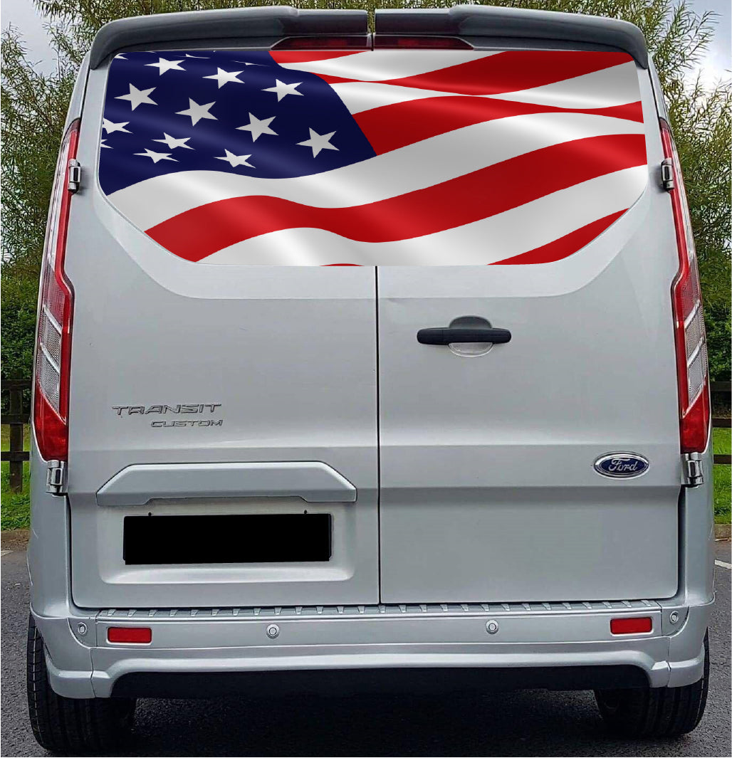 FORDT018 USA Flag Tailgate wrap for Ford Transit Custom Rear Panel Wrap Air Release Vinyl