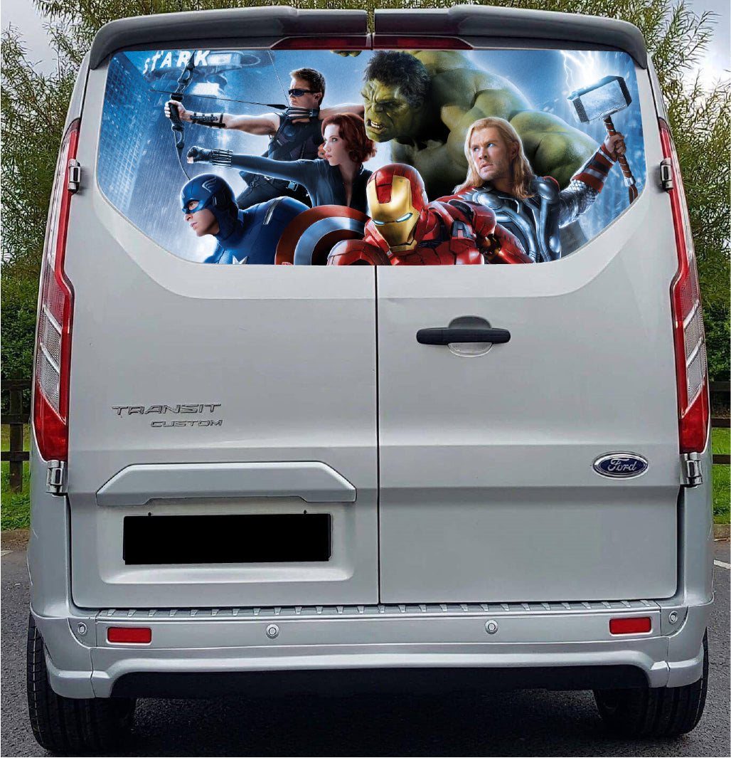 FORDT023 Super Hero Characters Tailgate wrap for Ford Transit Custom Rear Panel Wrap Air Release Vinyl