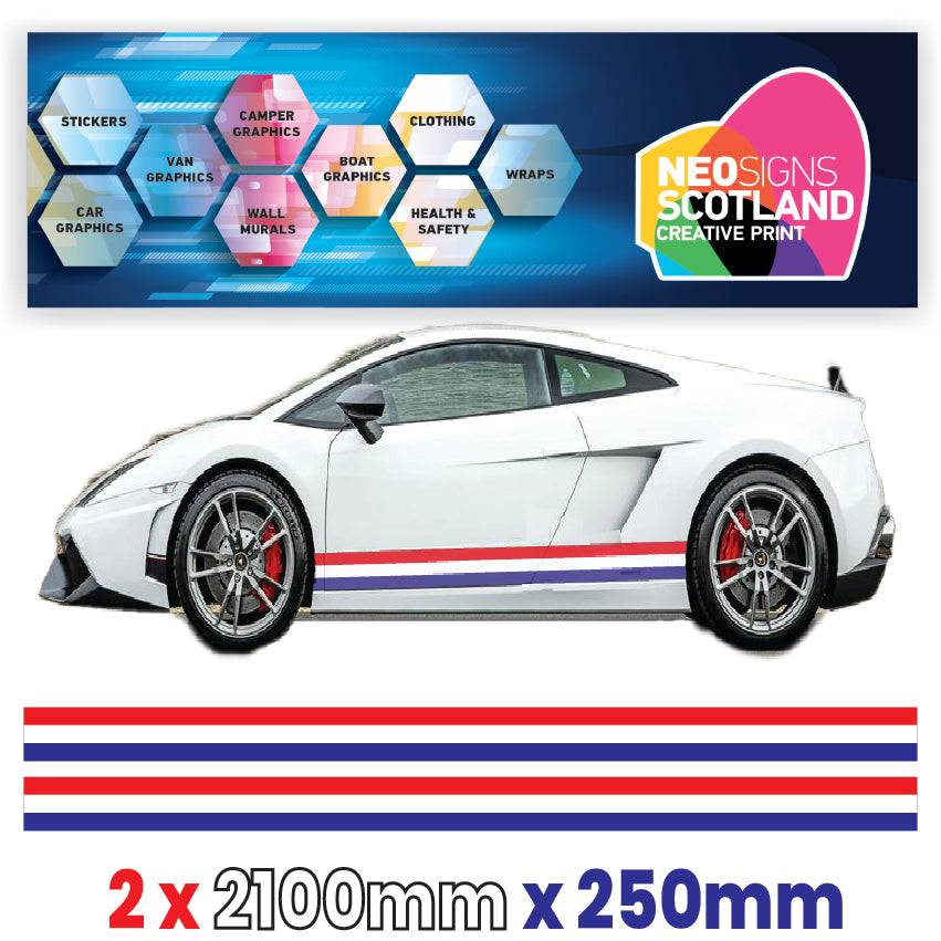 FR2.1 French Racing Side stripe 2x2.1m (2100mm) Long laminated for Renault Peugeot Citroen sticker graphics various widths available
