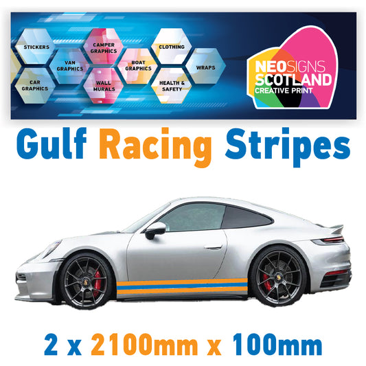 GU2.1x2A Gulf Racing side stripes 2.1m (2x2100mm) Long laminated for Porsche Various Sizes Available