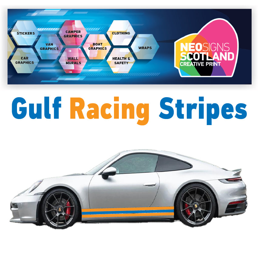 GU2.1x2A Gulf Racing side stripes 2.1m (2x2100mm) Long laminated for Porsche Various Sizes Available
