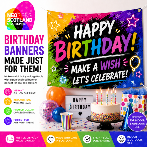 Custom printed Happy Birthday banner featuring colourful party graphics, balloons, stars and birthday cake design, suitable for personalised artwork and birthday celebrations