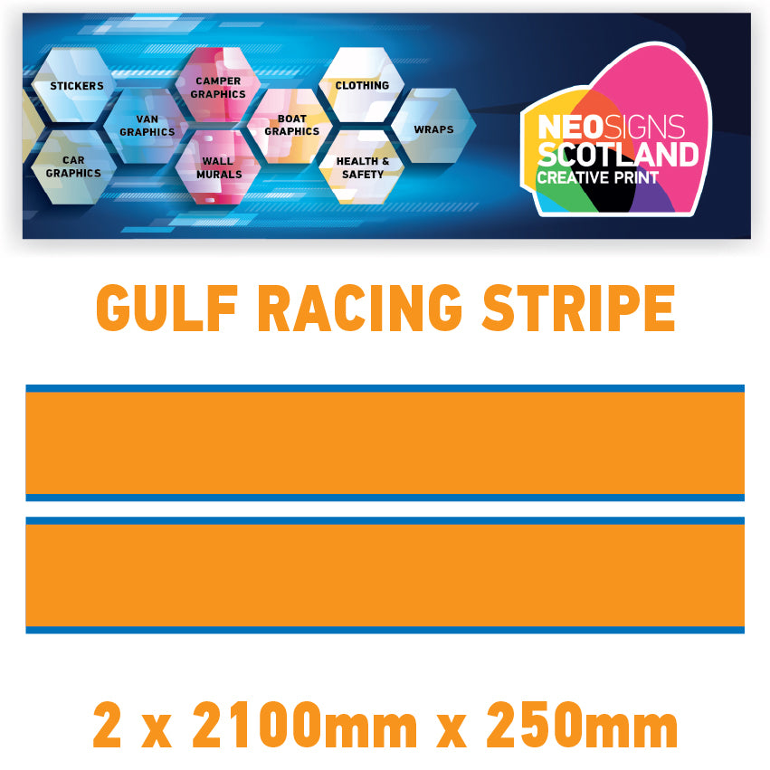 GU2.1x2B Gulf Racing side stripes 2.1m (2x2100mm) Long laminated for Porsch Various Sizes Available