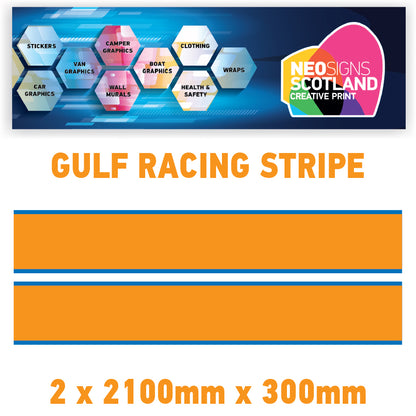 GU2.1x2B Gulf Racing side stripes 2.1m (2x2100mm) Long laminated for Porsch Various Sizes Available