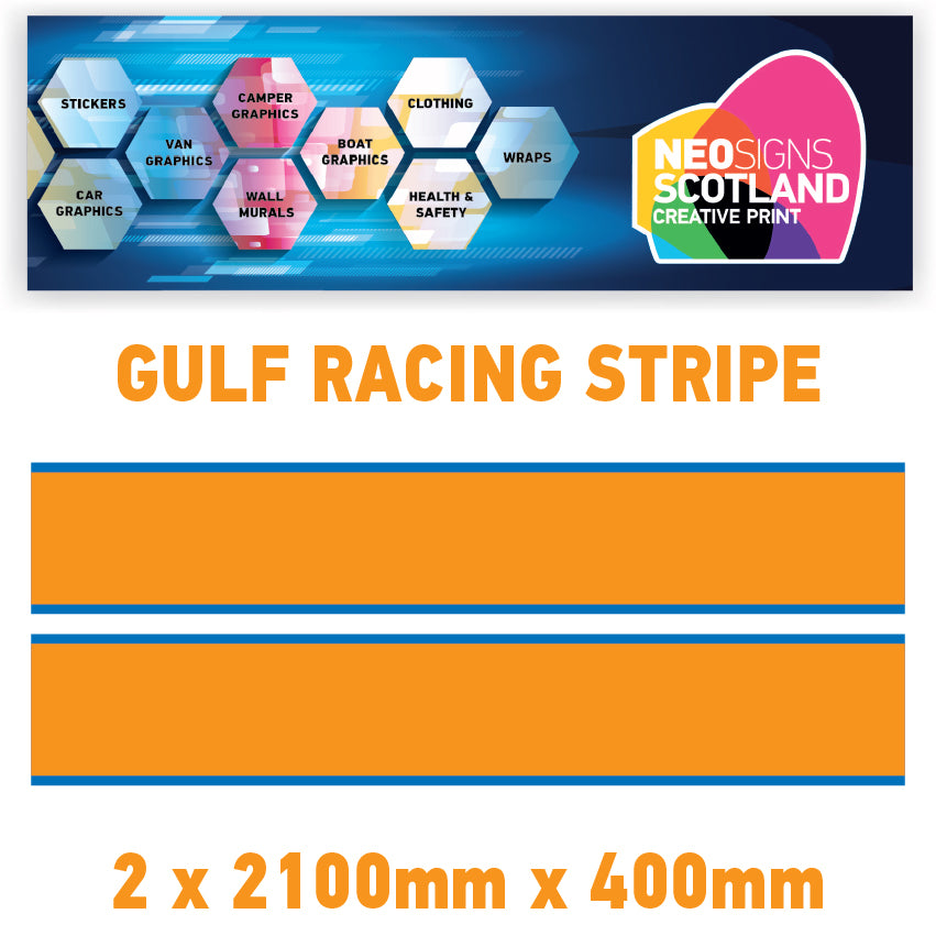 GU2.1x2B Gulf Racing side stripes 2.1m (2x2100mm) Long laminated for Porsch Various Sizes Available